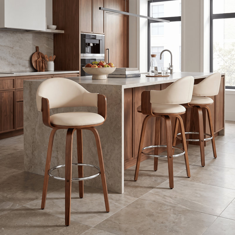Tabouret de bar avec accoudoirs et repose-pieds Romarin, Crème, Noyer, Tabouret de comptoir (assise de 26 po de hauteur)