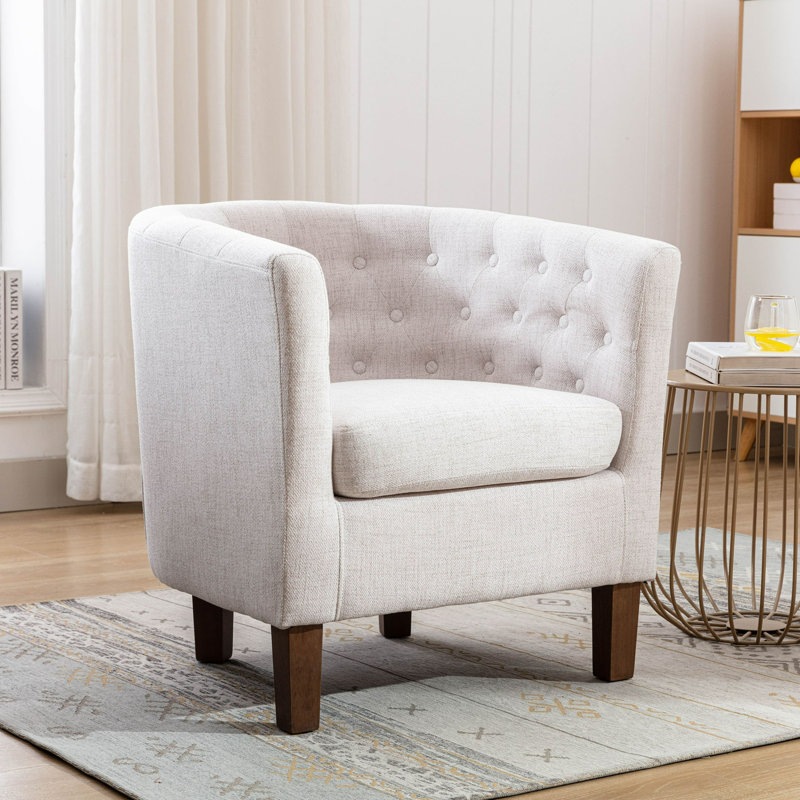 Fauteuil d'appoint en tissu avec pieds en bois d'hévéa, Mélange de polyester beige