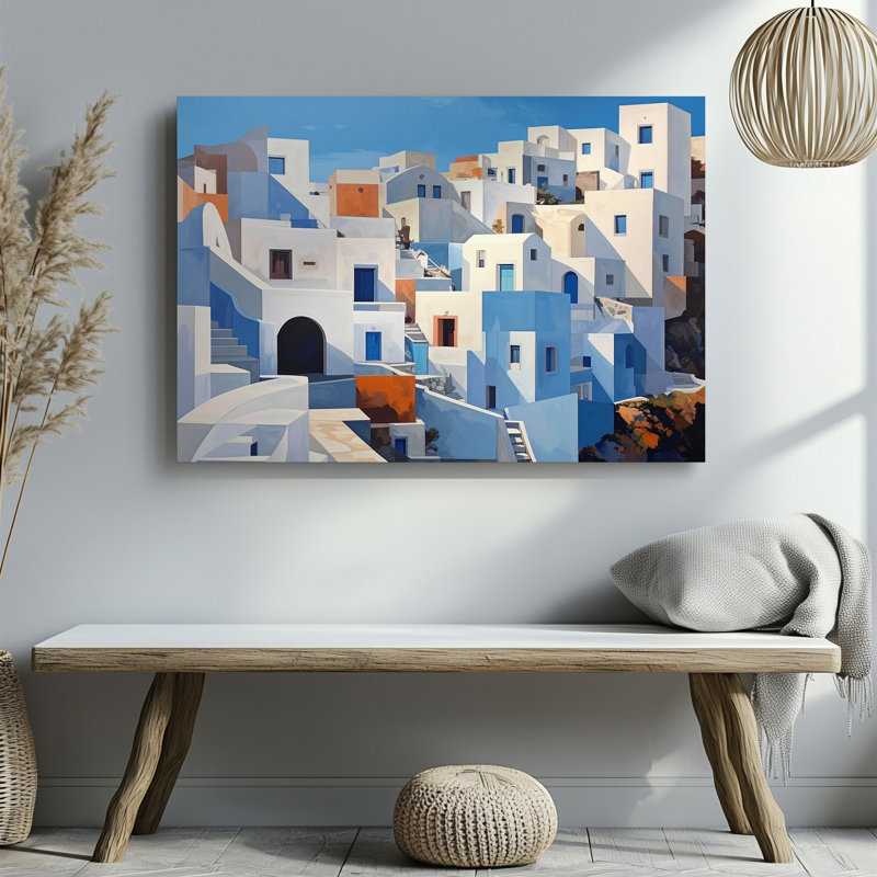 Art mural mural ensoleillé, bord de mer, village méditerranéen, île des Cyclades, toile prête à accrocher, décoration intérieure, conception moderne, qualité supérieure