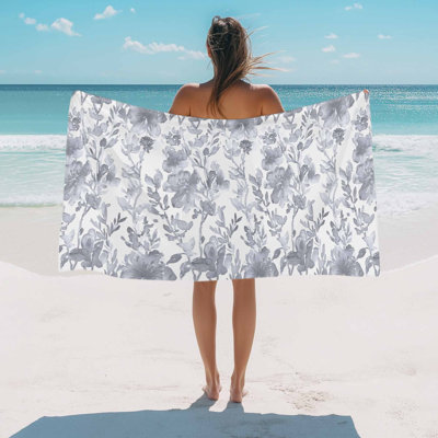 Serviette de plage à motif floral aquarelle, serviette de bain/piscine grise, absorbante, douce, grande, à séchage rapide, légère, idéale pour le camping, les voyages, le sport (yoga, gym, natation), pour adulte (89 x 178 cm).