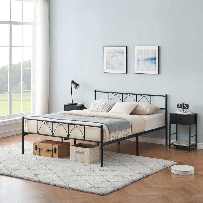 Cadre de lit moderne en fer avec tête de lit et pied de lit, aucun sommier nécessaire, Grand, Noir