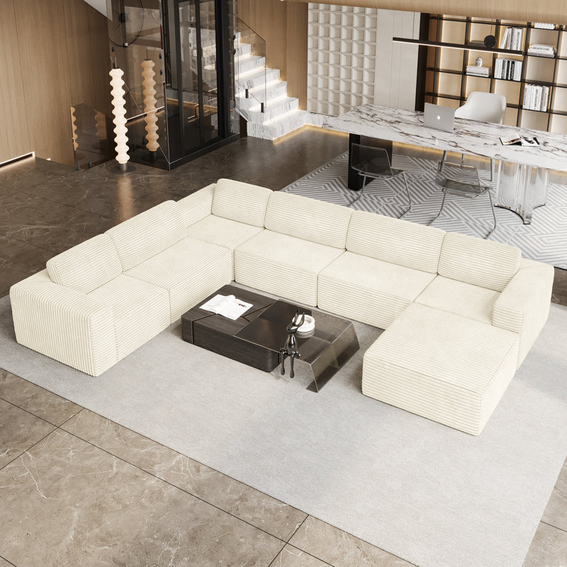 Modular Oversized 404Cm 6-Seater Left-Facing L-Shaped Corduroy Sofa, No Assembly Required   , Beige