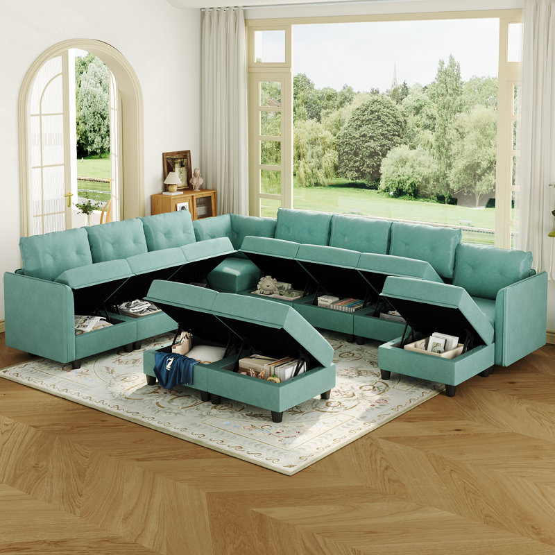 Edorta Upholstered U-Shaped Sectional, Teal Green Polyester