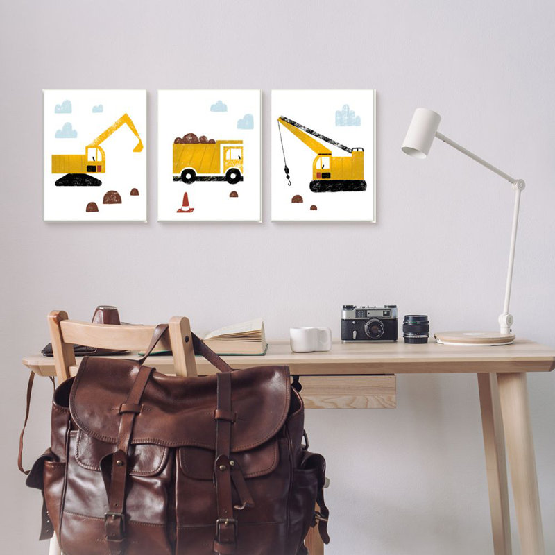 Illustration de camions de construction avec stylisation au crayon par Daphne Polselli - ensemble de 3 impressions sur bois