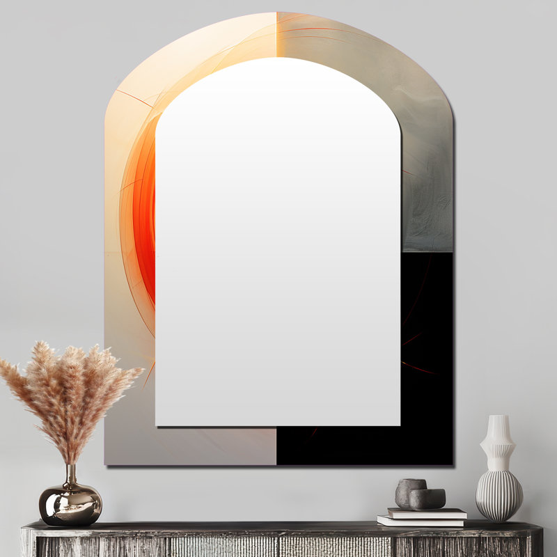 Red Moon Rising Abstract Landscape - Geometric Arch Mirror, Orange Asymmetrical Decorative Wall Mirror, Printed Metal Art