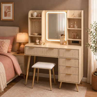 Smart Storage Vanity Table with Lighted Mirror & Charging Outlet