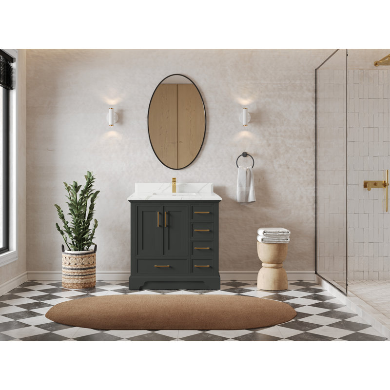 Meuble-lavabo simple 36 po avec plateau en quartz Jhamya, Calacatta Laza