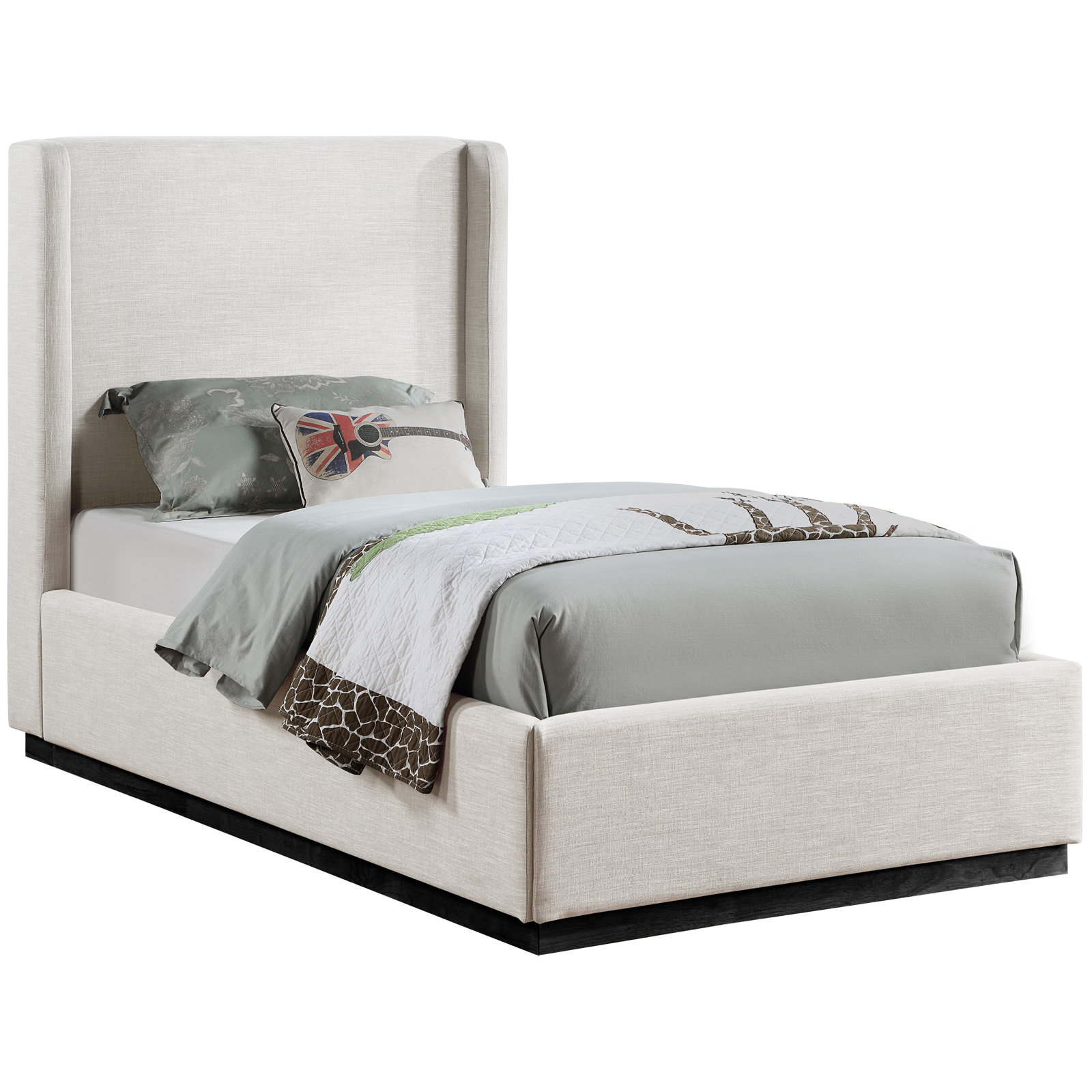 Upholstered Panel Bed, Beige Linen Textured Fabric, Twin