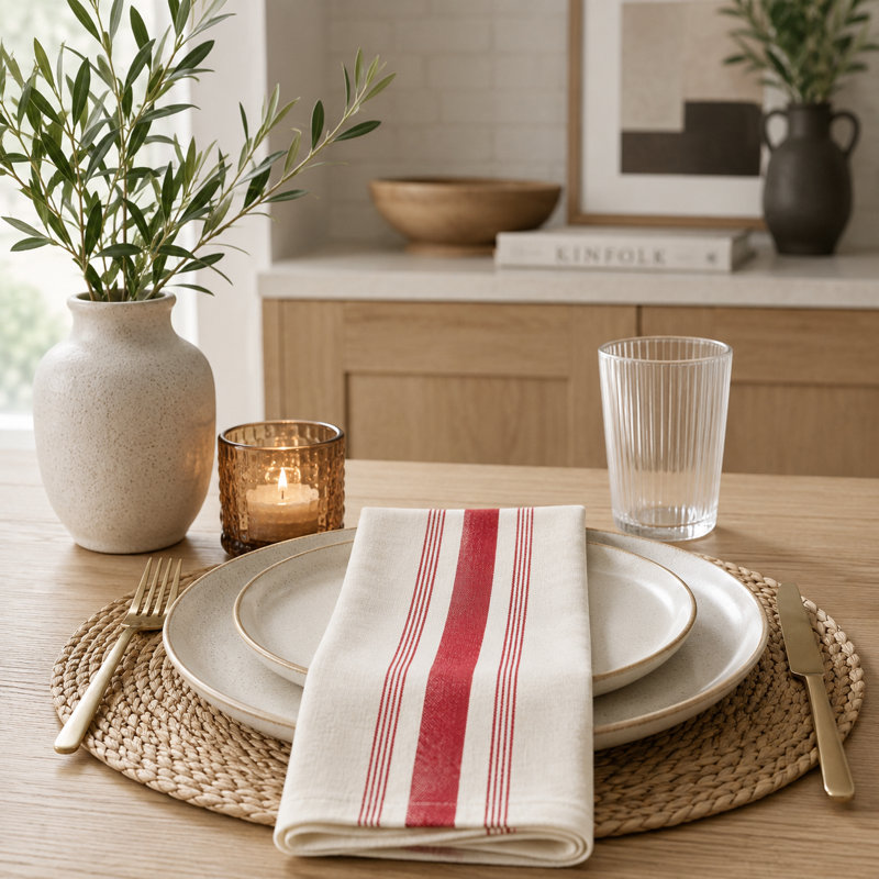 Ensemble de 4 serviettes de table en tissu de coton beige à rayures rouges 20 po x 20 po