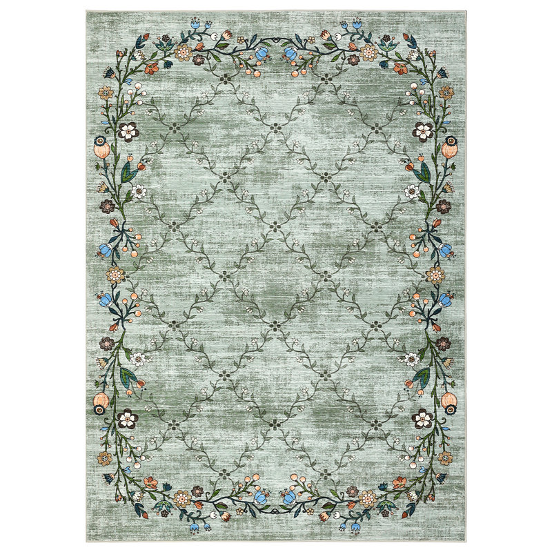 Washable Area Rug Farmhouse Floral Rug Non Slip, Soft Thin Low Pile Floor Carpet, Non Shedding & Stain Resistant, Indoor Foldable Accent Printed Mat for Living Room/Bedroom/Nursery