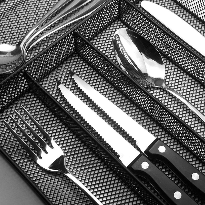 24 Piece Silverware Set, Flatware Utensils Set Mirror Polished, Dishwasher Safe Service For 4, Include Knife/Fork/Spoon/Steak Knife/Wire Mesh Steel Cutlery Holder Storage Trays (Tray)