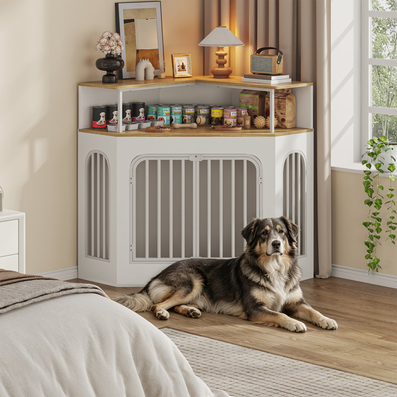 Meuble de coin 2-en-1 pour chien avec porte en arche, meuble télé et table d'appoint, fer et bois robustes, capacité de 200 lb, blanc