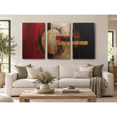 Red Gold Black Luxury Abstract Wall Art: Modern Triptych Set, Museum-Grade Canvas (Fade-Resistant Ink, Framed or Rolled Options), Painting Reproduction