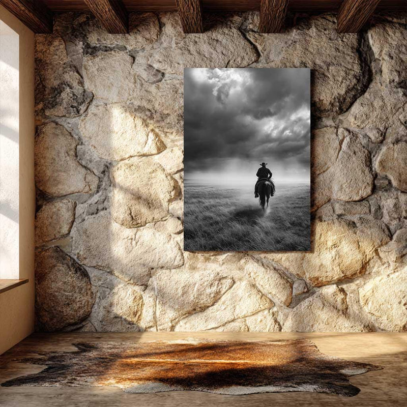 Art sur toile Lone Cowboy in the Storm - Western Texas Wall Decor - impression rustique en noir et blanc, H 18 po x l 12 po