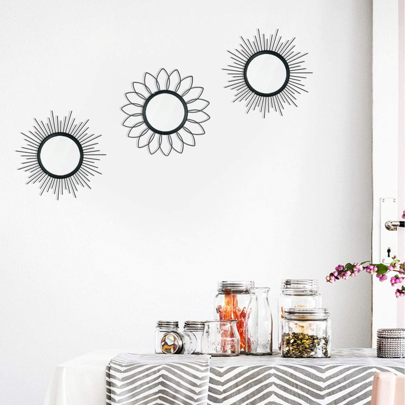 Ensemble de 3 miroirs muraux en métal noir Sunburst