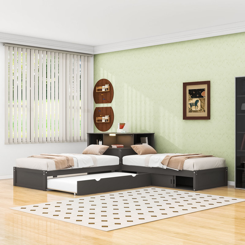 Lit plateforme simple en L en forme de L avec lit gigogne, éclairage DEL et rangement intégré, Gris