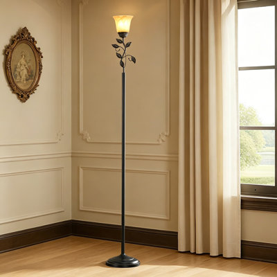 Lampe sur pied Farmhouse avec abat-jour en verre ambré et détails en forme de feuille, lampe sur pied rustique pour le salon, la chambre à coucher, le bureau ou le coin, avec ampoule et interrupteur au pied