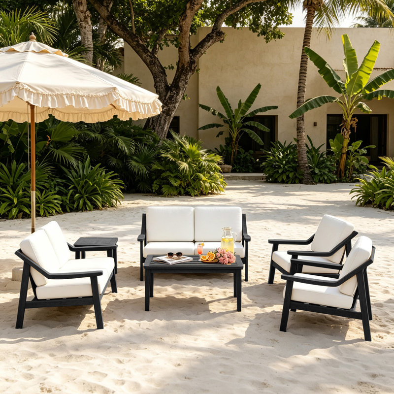 Ensemble de patio pour six personnes avec coussins et deux tables Marlo, Beige, Noir