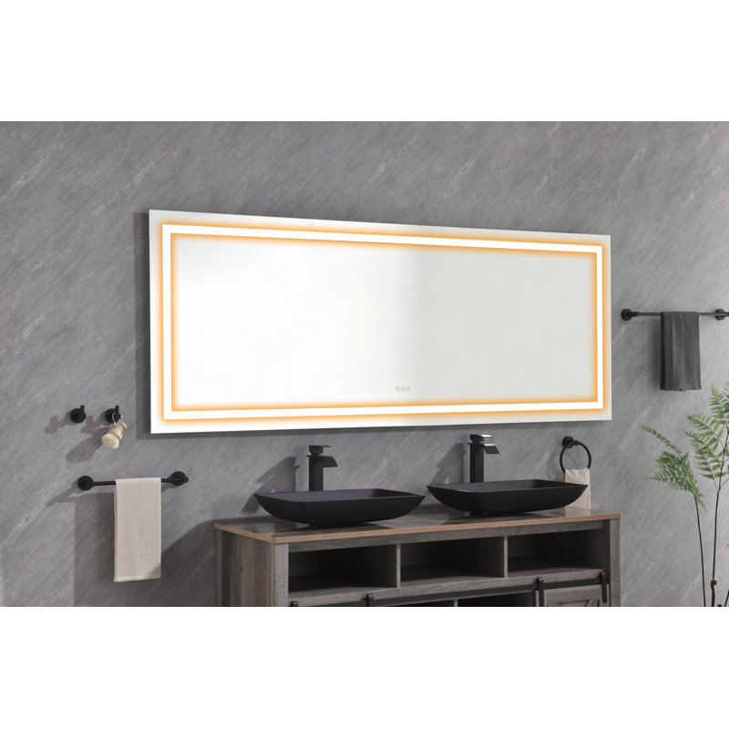 Miroir de salle de bain 96 po x 36 po à DEL avec façade et rétroéclairage, miroir de meuble-lavabo mural, anti-buée, mémoire, 3 couleurs, réglable en continu