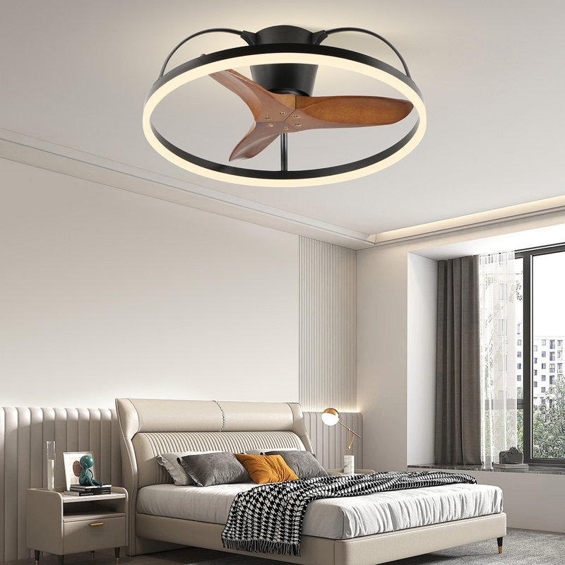 Ventilateur de plafond à pales en bois massif avec lumière et télécommande - Conception à profil bas de 24 po, ventilateur à DEL encastré moderne à intensité variable 3000-6000K, Fandelier pour chambre à coucher, cuisine, salon