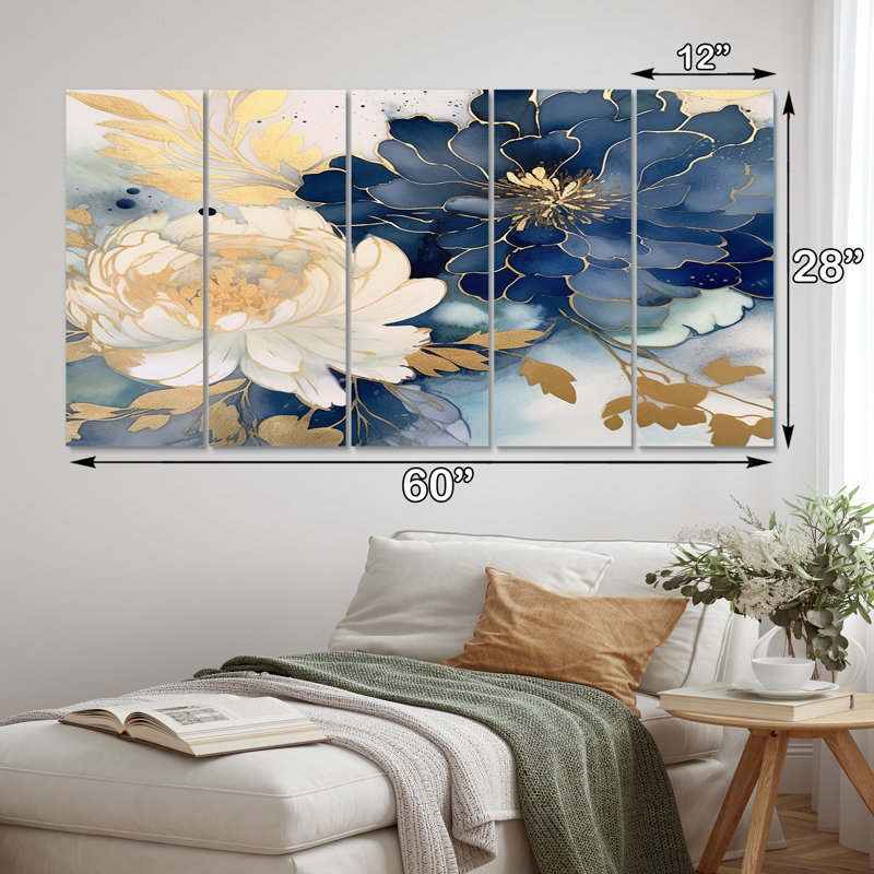 Fleur de chrysanthème bleu en fleurs III - art mural sur toile fleurs - 5 panneaux égaux
