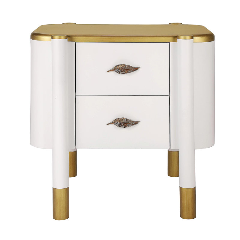 Table de chevet 2 tiroirs avec profil incurvé, table de chevet avec poignées en métal en forme de plumes et pieds exposés, table de bout