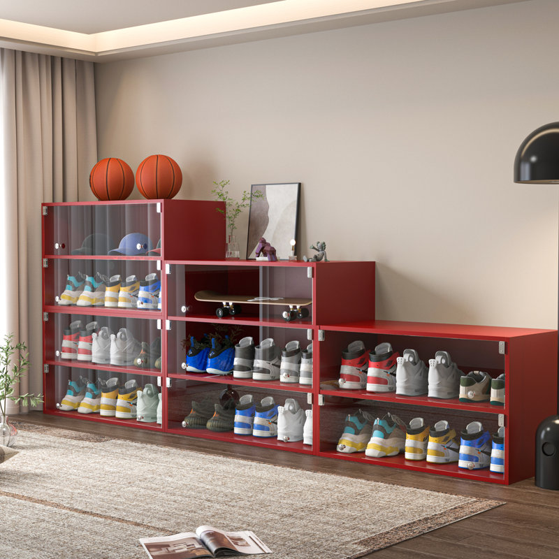 Glass Door Shoe Box Shoe Storage Cabinet For Sneakers With RGB Led Light, Red