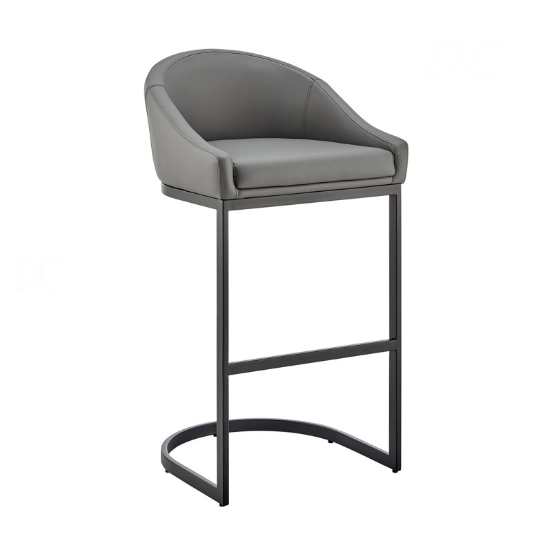 Ambrie Bar Stool In Black Metal With Gray Faux Leather, Black, Gray