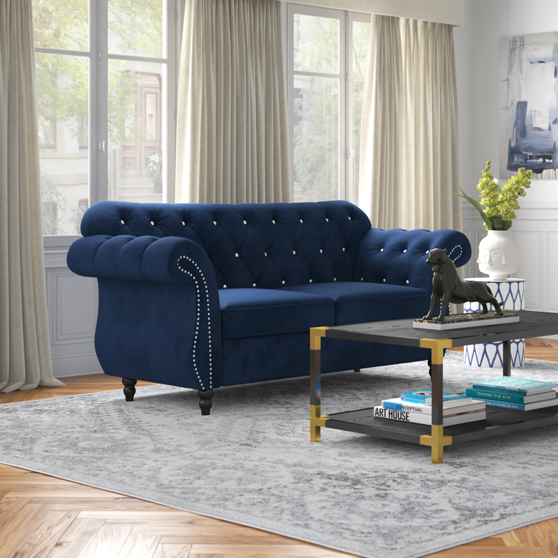 Arlo 77" Velvet Rolled Arm Chesterfield Loveseat, Blue