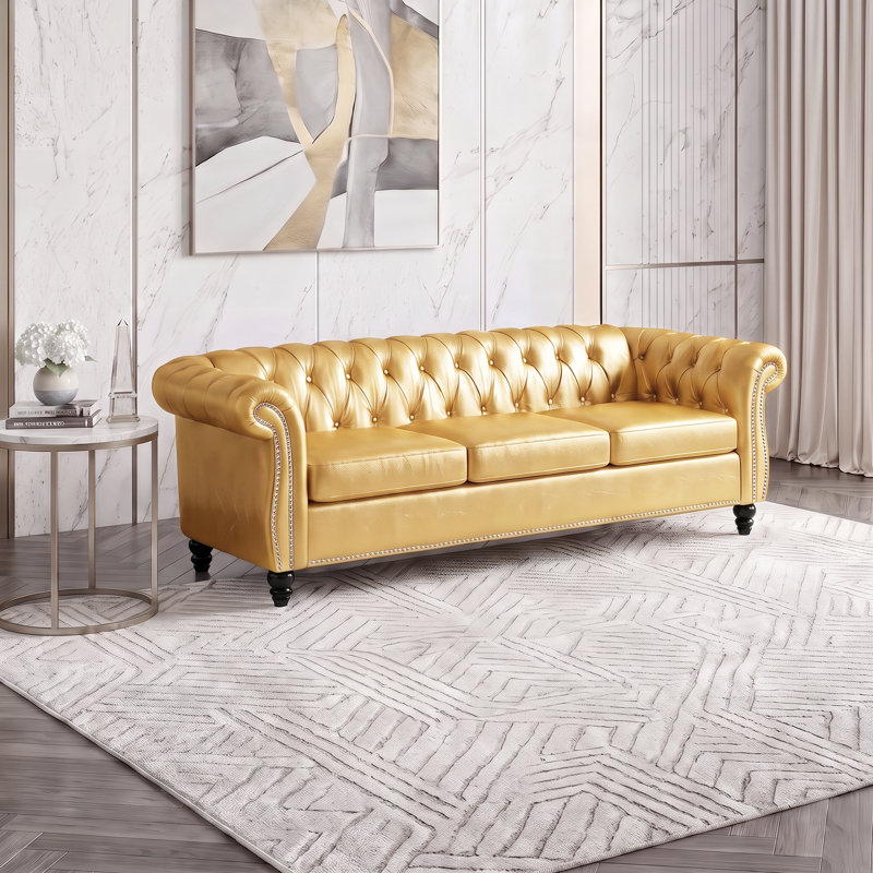 Chesterfield Button Tufted Backrest Multi-seat Upholstered Sofa, Gold Faux Leather