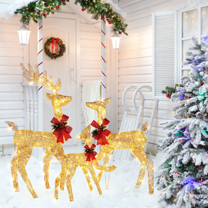Golden 3-Piece Lighted Christmas Reindeer Family Set with LED Lights
