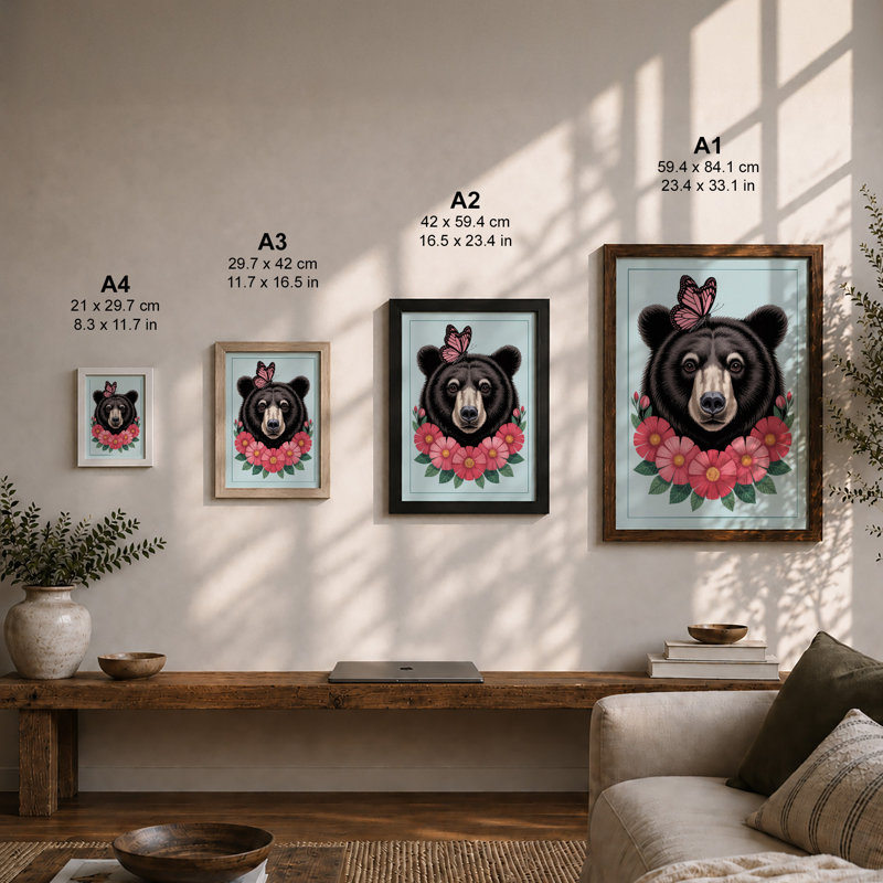 Bear with Butterfly Crown Whimsical 1 Piece Single Picture Frame Wall Art, A1 - 84.1 x 59.4 cm, Black