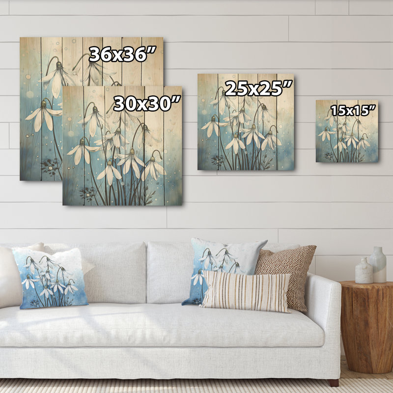 Minimalisme bleu et blanc Snowdrops Bloom I - Snowdrops, art sur bois de pin naturel, H 25 po x l 25 po