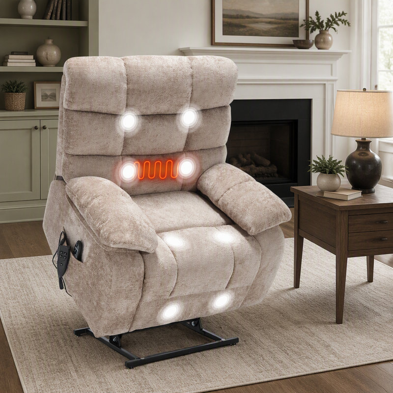 Fauteuil releveur inclinable avec fonction chauffante et massante, double moteur, positions infinies, capacité de 159 kg et montage facile pour un confort et un soutien optimaux.