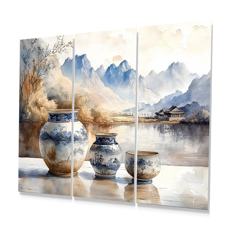 Bleu et orange, poterie de la tranquillité de la Chine III - ensemble d'art mural Boho Pottery, H 28 po x l 36 po x P 1 po