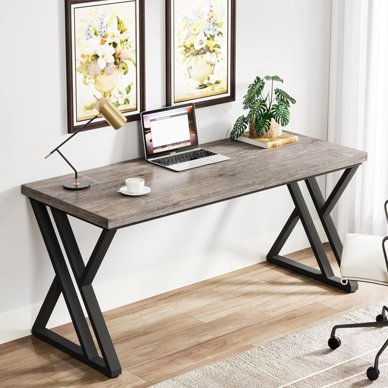 55" Modern Writing Desk With Z-Shaped Metal Legs, Gray