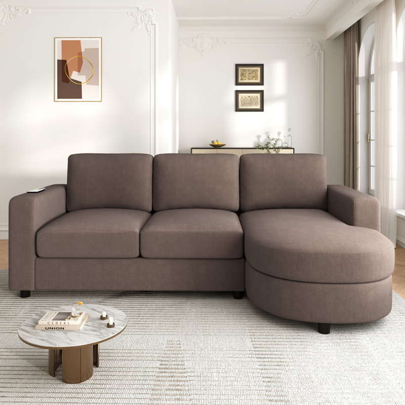 Canapé modulaire en chenille en L 84,6 po avec méridienne incurvée, ports USB et poches de rangement Leif
