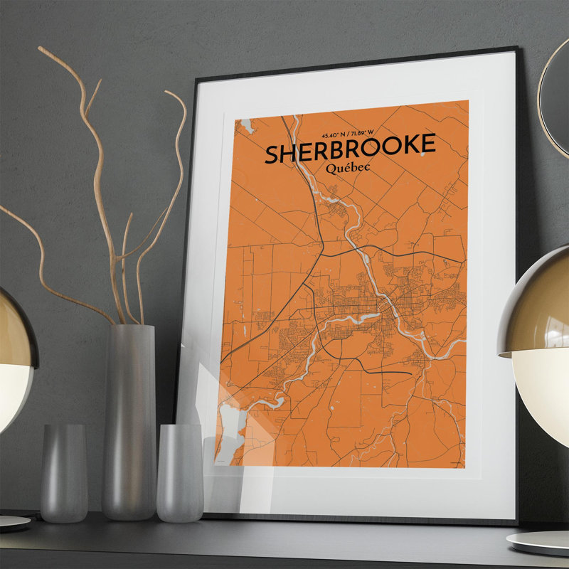 Sherbrooke, carte de la ville, impression, H 36 po x l 24 po, Orange et gris
