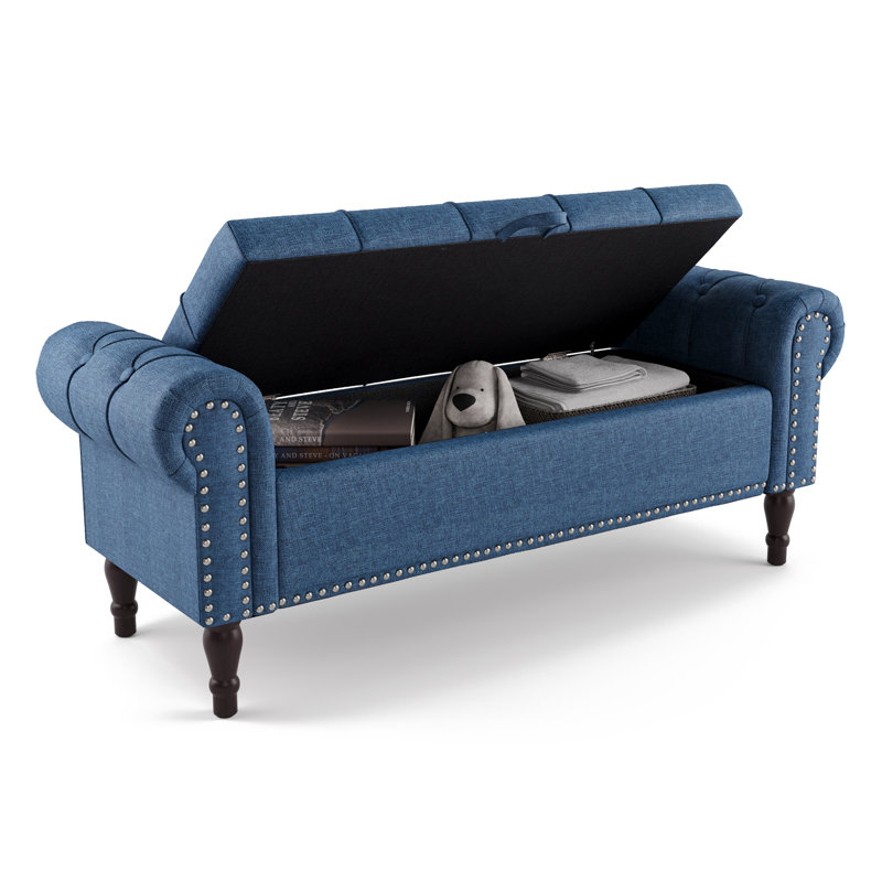 Banc de rangement rembourré Dawsey, Lin marine, H 19,6 po x l 50,7 po x P 17,1 po