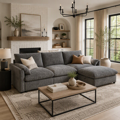 96.5" L-Shaped Sectional Sofa with Storage Ottoman and Pockets