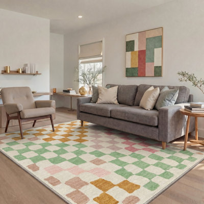 Tapis moderne à carreaux ondulés, lavable à la machine, vert, rose et beige, aspect vieilli, antidérapant, pour salon et chambre.