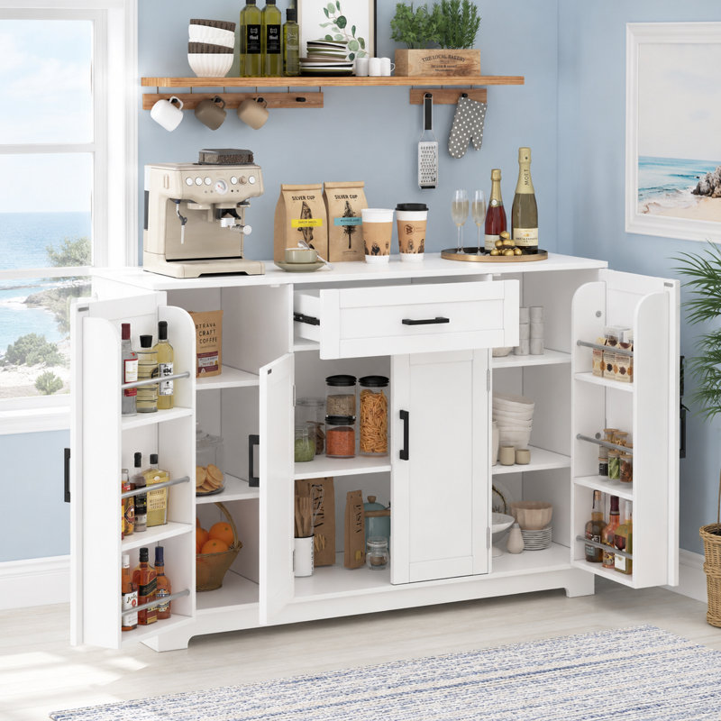 Buffet moderne blanc avec 4 portes, 1 tiroir, tablettes réglables et rangement pour porte, White