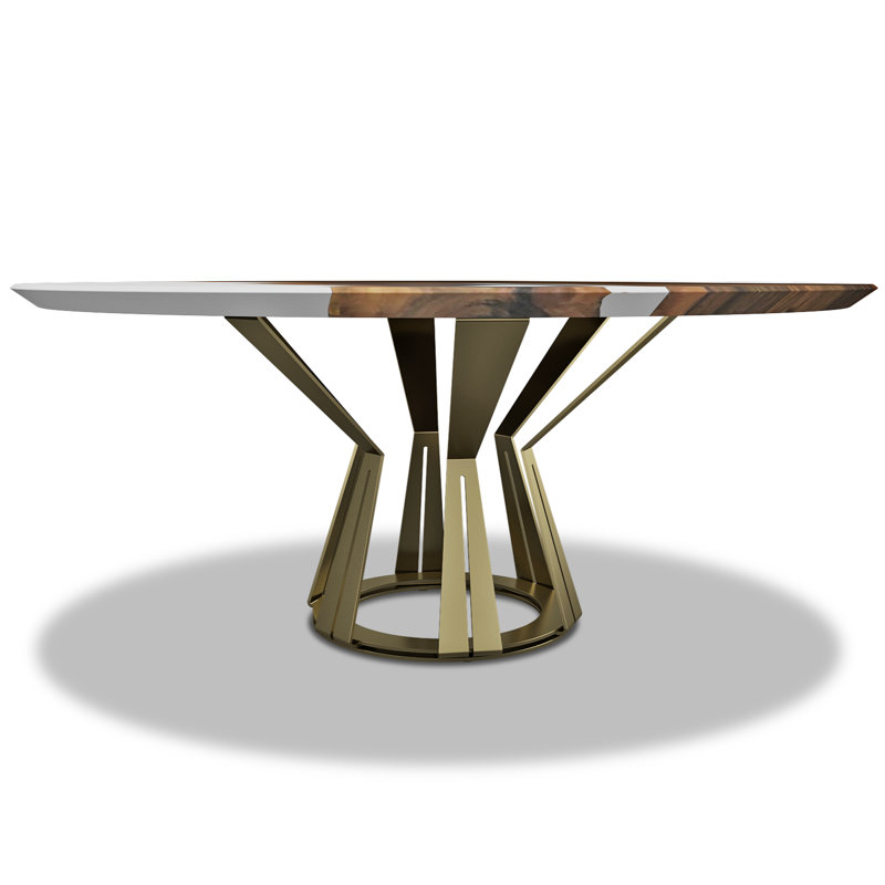 Round Walnut Wood Dining Table, Chrome, Smoked, 35.8" W x 35.8" L