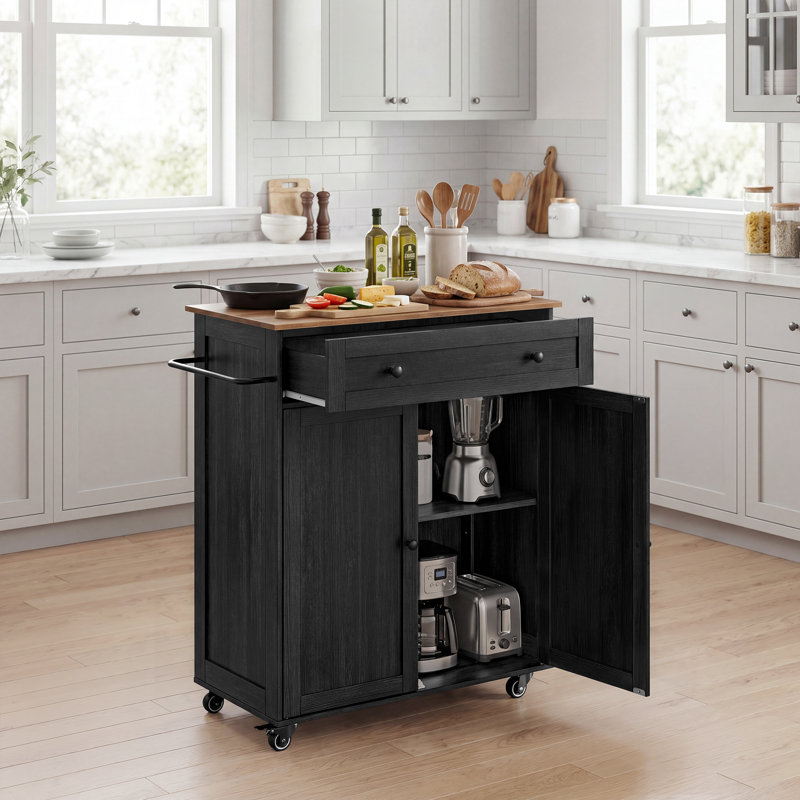 Îlot de cuisine l 30,9 po avec armoire de rangement, tiroir, tablette réglable et barre à serviettes, Black, 30.9x15.8x35.1in