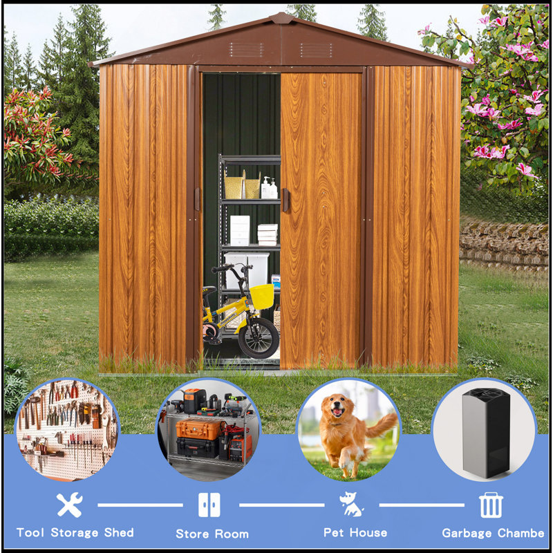 6 Ft. W X 6 Ft. D Metal Storage Shed Appealing Horizontal Siding  In Woodgrain With Coffee Trim To Complement