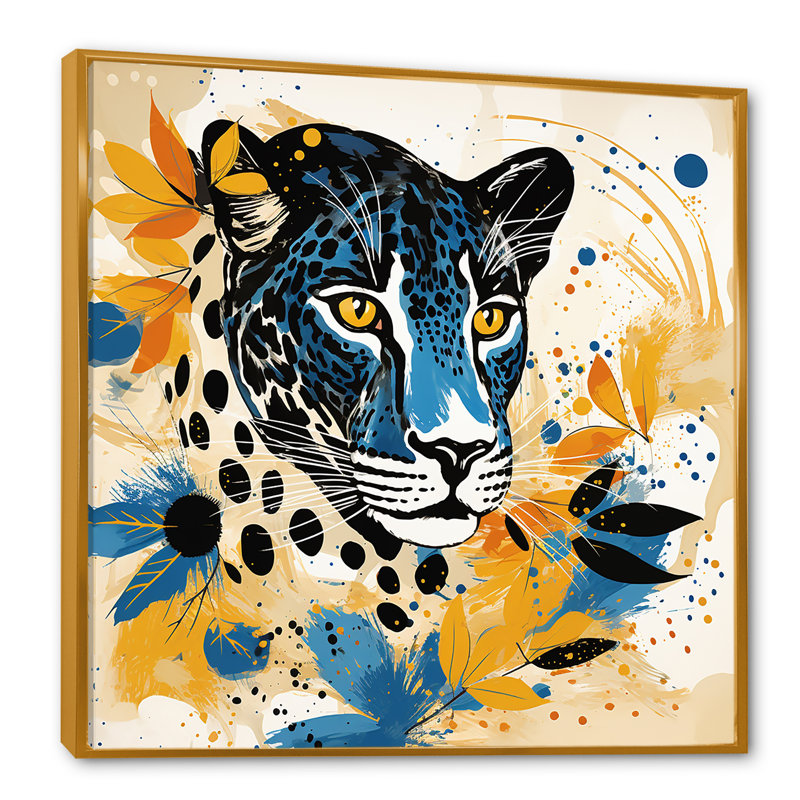 Jaune et bleu, léopard, collage IV - art mural léopard, Cadre flottant doré, H 36 po x l 36 po x P 1,5 po