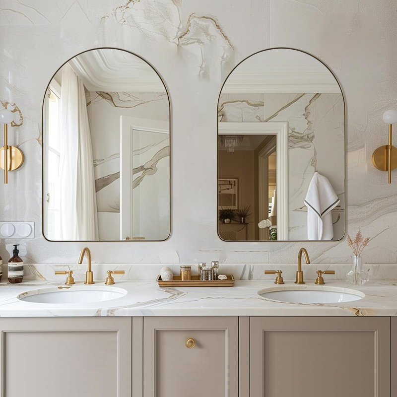  Hafsa Antique Arched Bathroom Vanity Mirror | Stainless Steel Frame, Brushed Gold, 38" x 24"