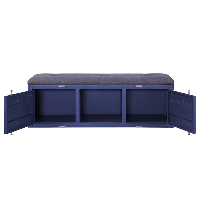 Blue Metal Storage Bench with Gray Fabric Seat