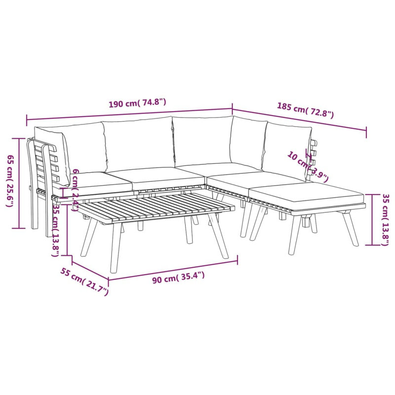 Chaise longue avec coussins 4 pièces Damita, 6 pièces: 2 centrales, 2 d'angle, repose-pieds, t