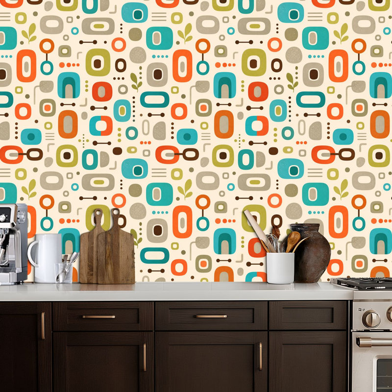 Papier peint adhésif repositionnable, style moderne et abstrait, motif graphique coloré, sans raccord, style du milieu du siècle. Décoration murale amovible et autocollante pour chambre, cuisine et placards, 61 cm x 300 cm.